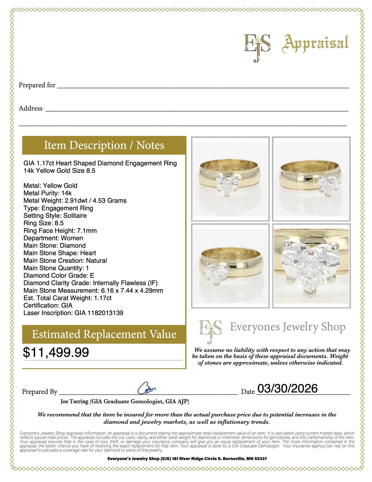 1.17ct Heart Brilliant Diamond Solitaire Ring — GIA Certified, 14k Yellow Gold