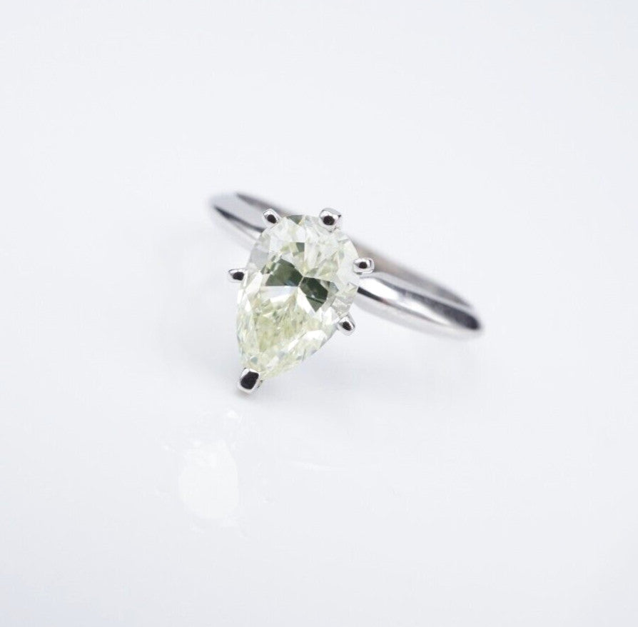 1.57ct Pear Brilliant Light Greenish Yellow Diamond Solitaire Ring — GIA Certified, 14k White Gold