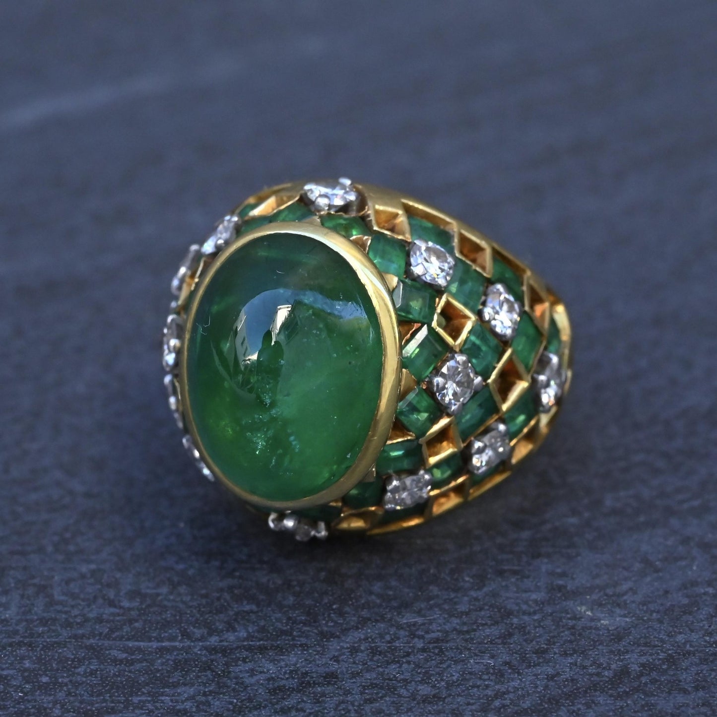 7.12ct Oval Emerald Cabochon Diamond Ring — GIA Certified, 18K Yellow Gold