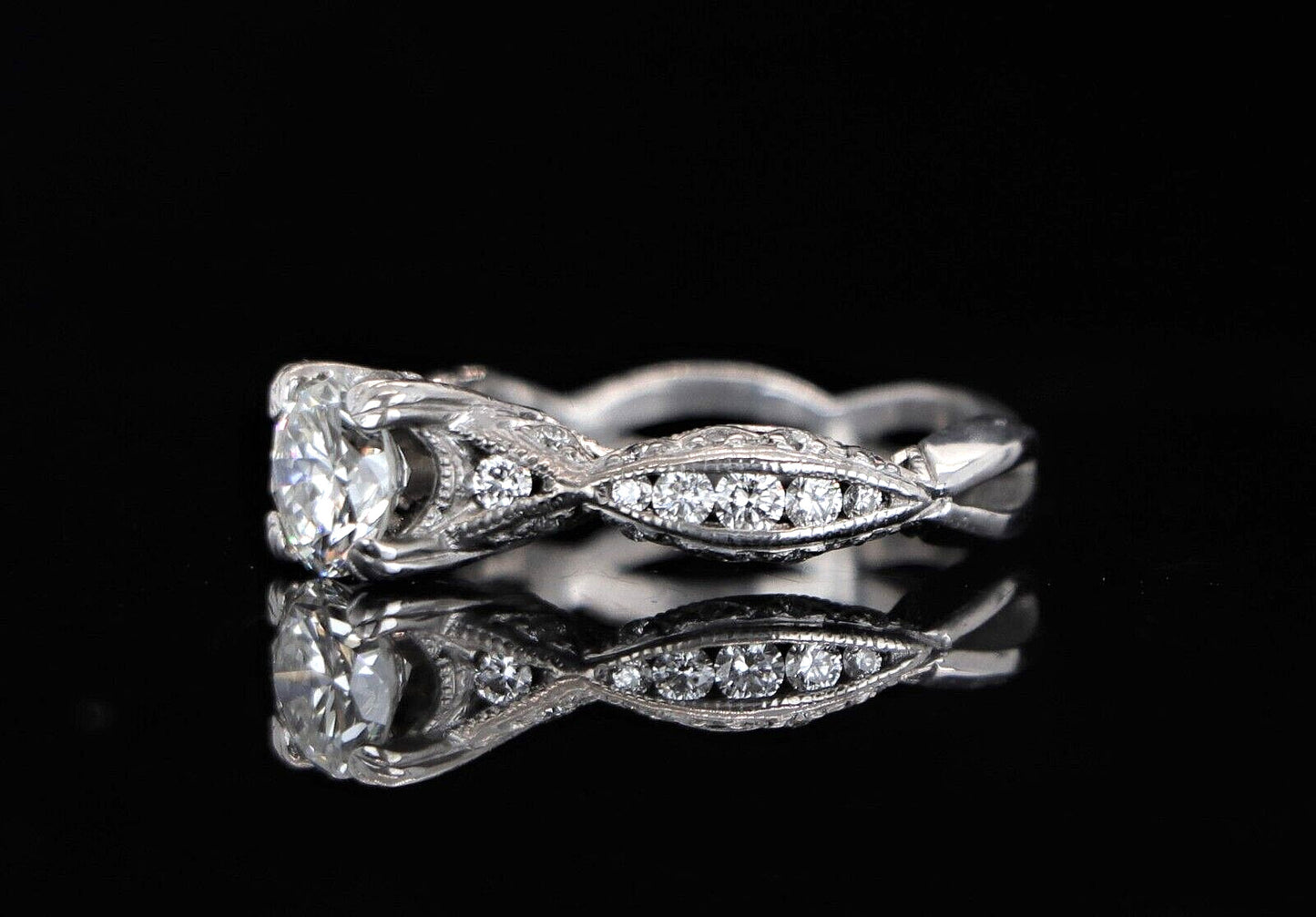 0.86ct Round Brilliant Diamond Crescent Engagement Ring — GIA Certified, 18k White Gold