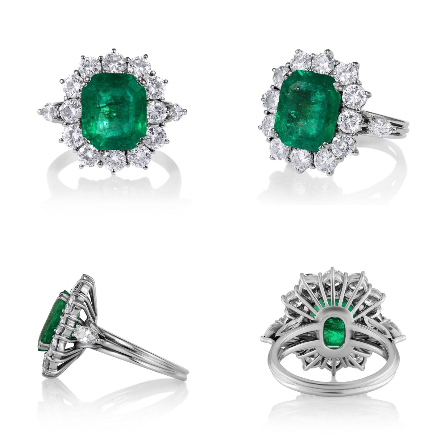 3.65ct Colombian Green Emerald Diamond Cluster Ring — GIA Certified, 18k White Gold