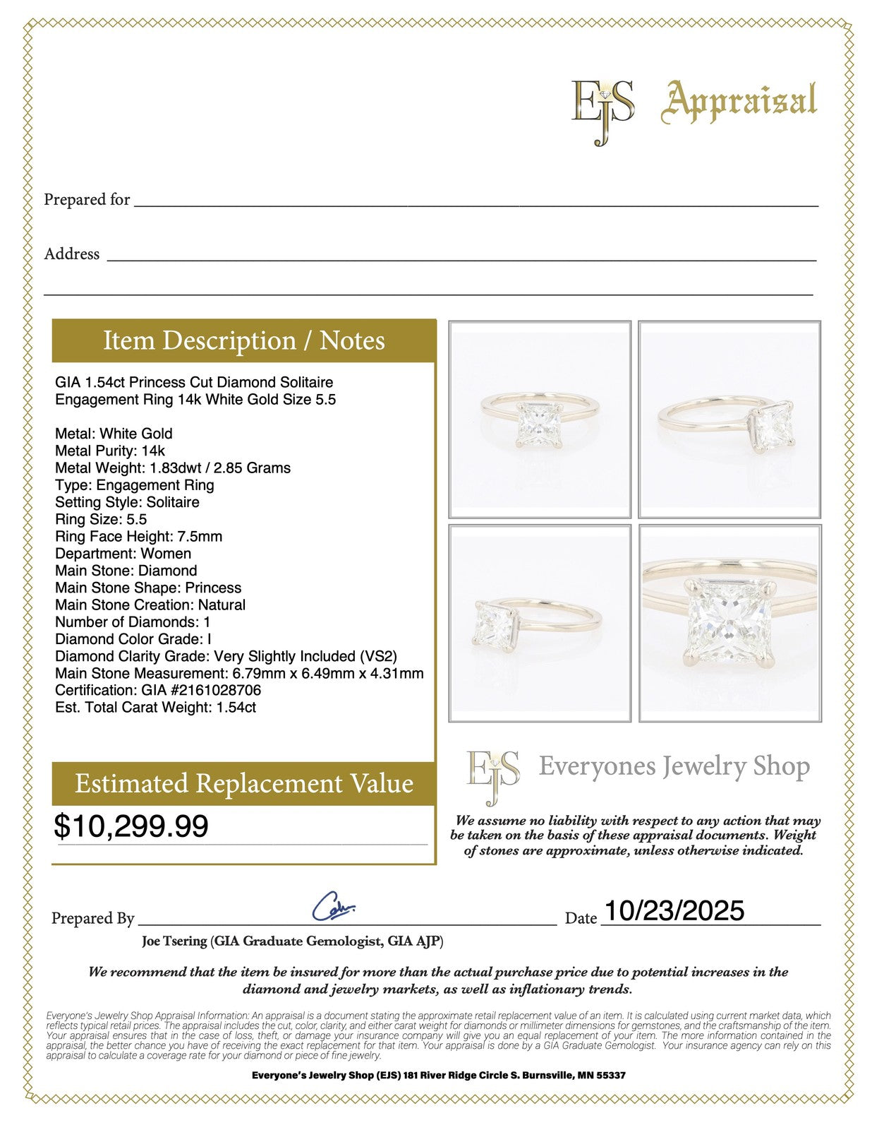 1.54ct Princess Diamond Solitaire Ring — GIA Certified, 14k White Gold