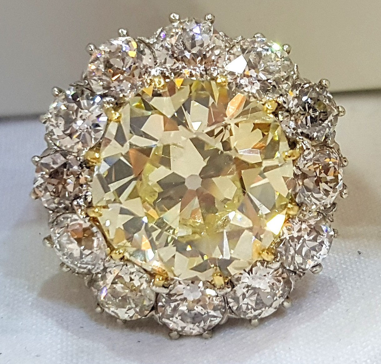 15.01ct Fancy Yellow Old European Brilliant Diamond Ring — GIA Certified, Platinum & 18k Yellow Gold