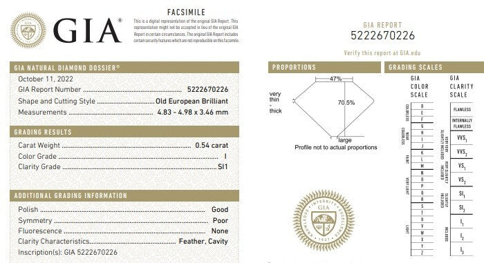 0.54ct Old European Brilliant Diamond Engagement Ring — GIA Certified, 18k Yellow Gold & Platinum