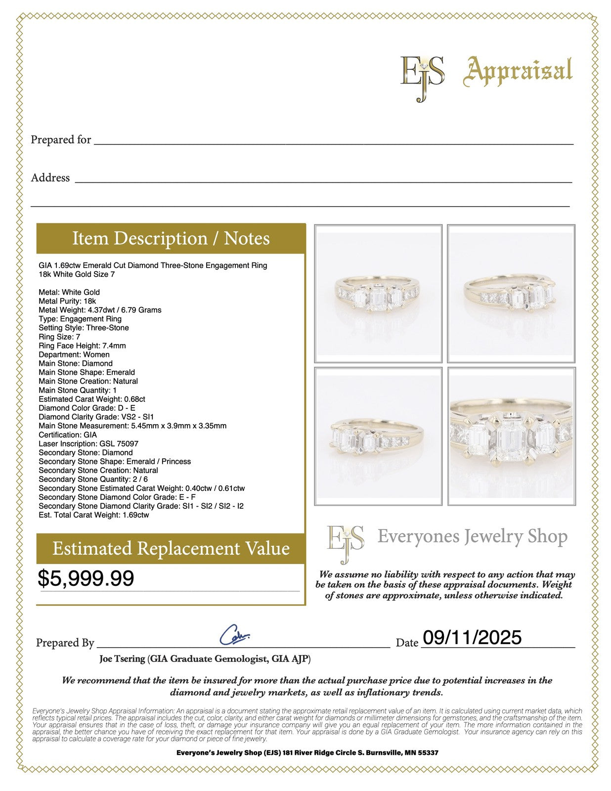 1.69ct Emerald Cut Diamond Three-Stone Ring — GIA Certified, 18k White Gold