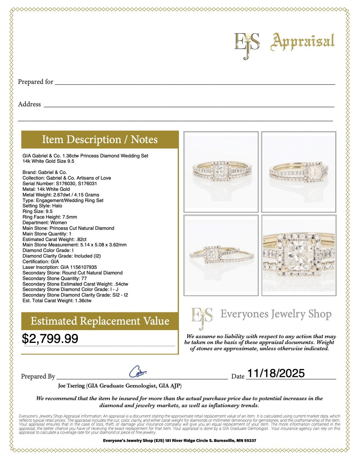 1.36ct Princess Diamond Halo Wedding Set — GIA Certified, 14k White Gold