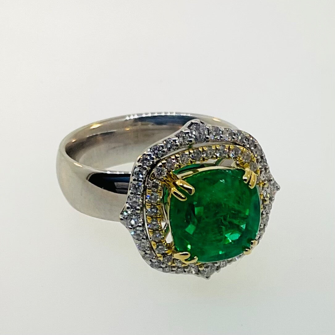 3.82ct Cushion Colombian Emerald & Diamond Ring — GIA Certified, 14k Two Tone Gold