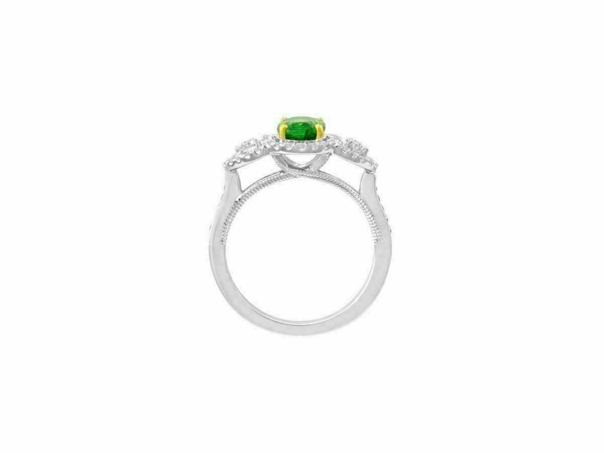 2.42ct Oval Diamond & Emerald Three Stone Halo Ring — GIA Certified, 14k Two-Tone Gold