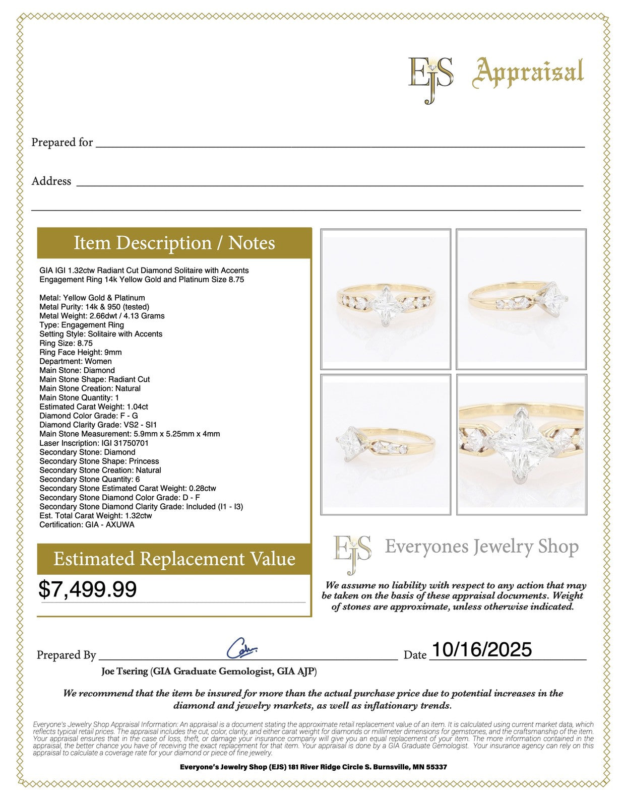 1.32ct Radiant Diamond Solitaire Ring with Accents — GIA Certified, 14k Yellow Gold & Platinum
