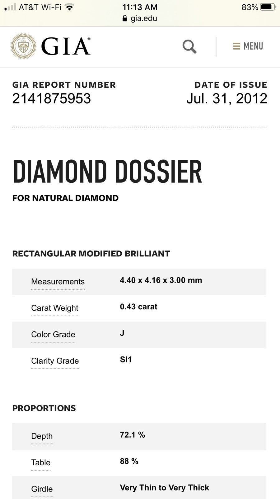 0.43ct Rectangular Modified Brilliant Diamond Engagement Ring — GIA Certified, 14k White Gold