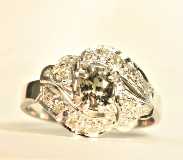 0.76ct Oval Alexandrite Vintage Diamond Ring — GIA Certified, 10k White Gold