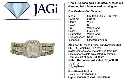 1.41ct Cushion Diamond Halo Pavé Wedding Set — GIA Certified, 14k Rose Gold