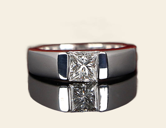 1.01ct Square Modified Brilliant Diamond Tank Solo Ring — GIA Certified, 18k White Gold