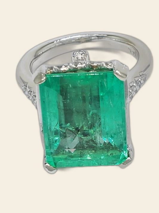10.10ct Octagonal Emerald Diamond Accent Ring — GIA Certified, 14k White Gold