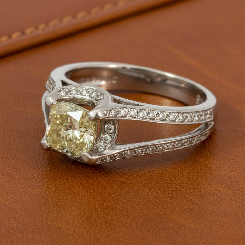 1.21ct Cushion Cut Fancy Yellow Diamond Ring — GIA Certified, 18k White Gold