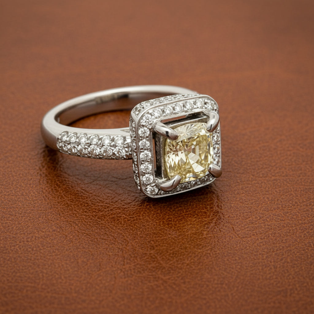 1.06ct Cushion Modified Fancy Brownish Greenish Yellow Diamond Ring — GIA Certified, 18K White Gold