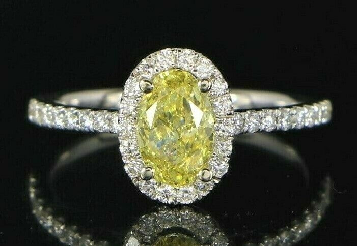 1.00ct Oval Fancy Intense Yellow Diamond Halo Engagement Ring — GIA Certified, 14k White Gold