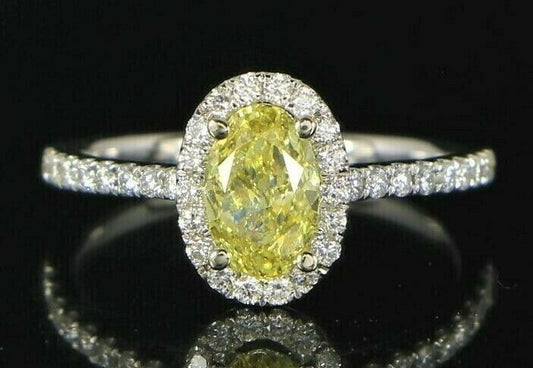 1.00ct Oval Fancy Intense Yellow Diamond Halo Engagement Ring — GIA Certified, 14k White Gold
