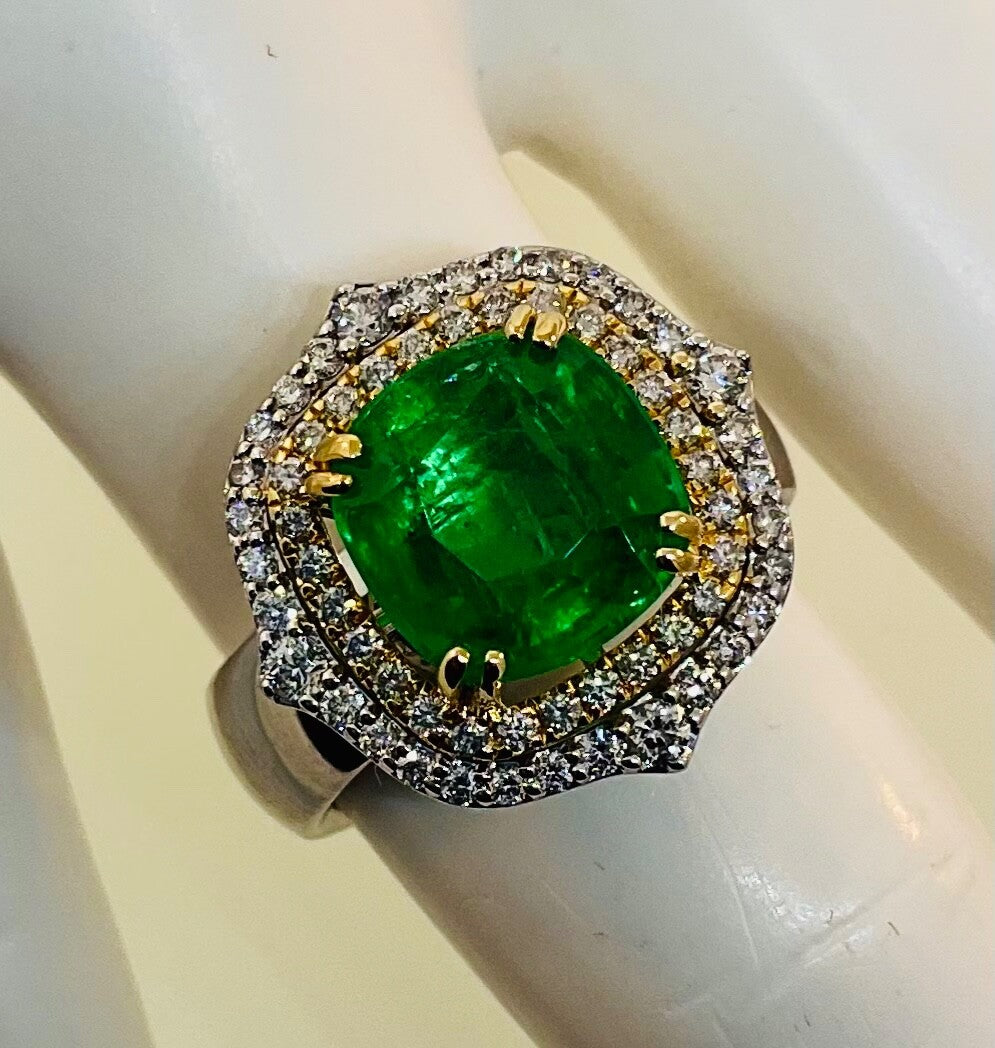 3.82ct Cushion Colombian Emerald & Diamond Ring — GIA Certified, 14k Two Tone Gold