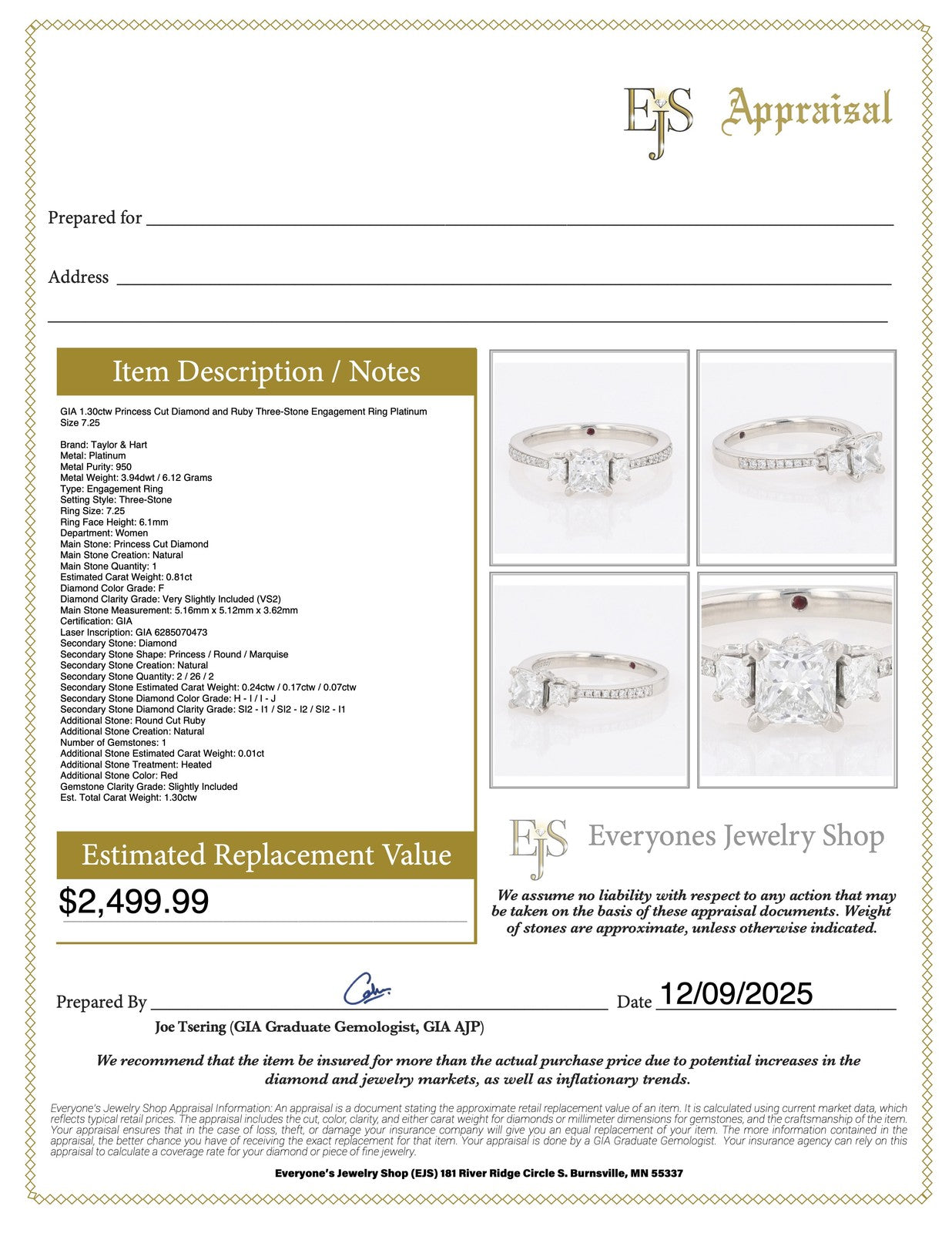 1.30ct Princess Cut Diamond Engagement Ring — GIA Certified, 18k White Gold