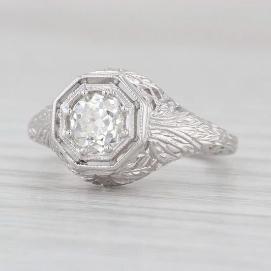 0.67ct Old European Brilliant Diamond Art Deco Ring — GIA Certified, 18k White Gold