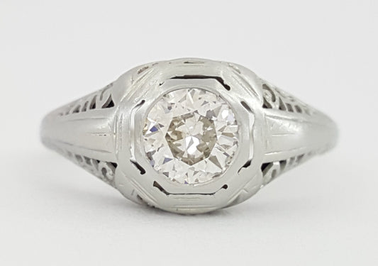 0.51ct Round Brilliant Diamond Art Deco Ring — GIA Certified, 18k White Gold