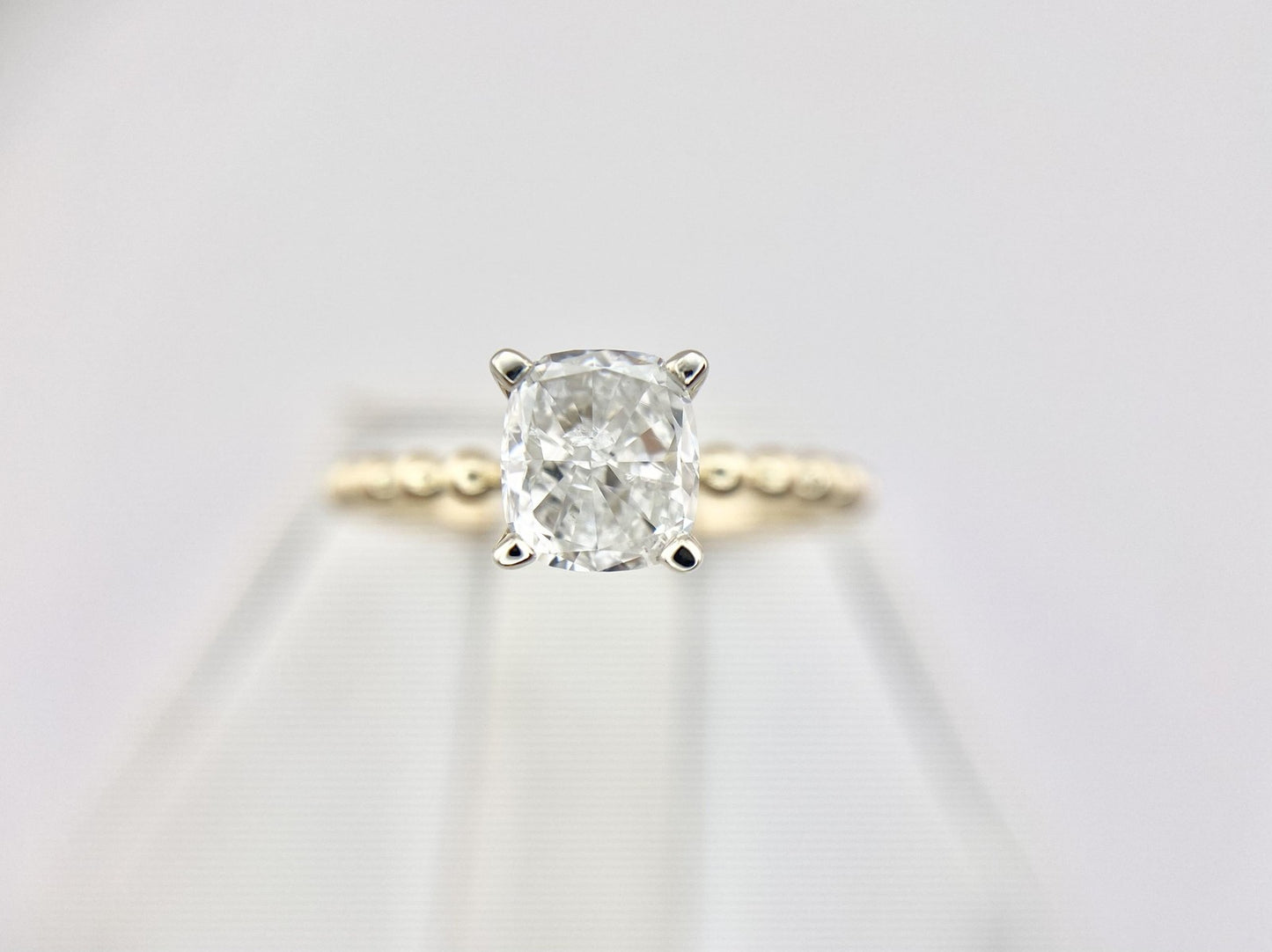 0.95ct Cushion Diamond Beaded Band Solitaire Ring — GIA Certified, 14k Yellow Gold