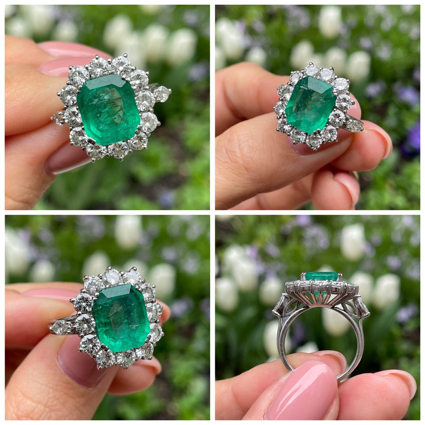3.65ct Colombian Green Emerald Diamond Cluster Ring — GIA Certified, 18k White Gold