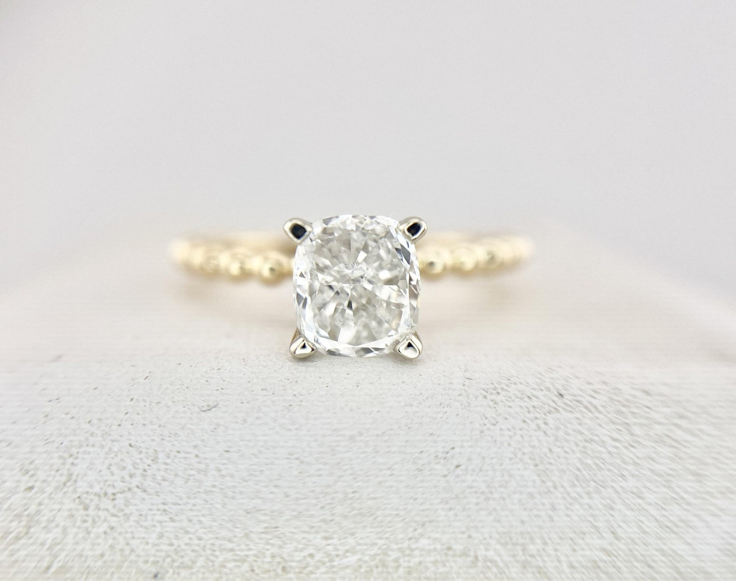 0.95ct Cushion Diamond Beaded Band Solitaire Ring — GIA Certified, 14k Yellow Gold