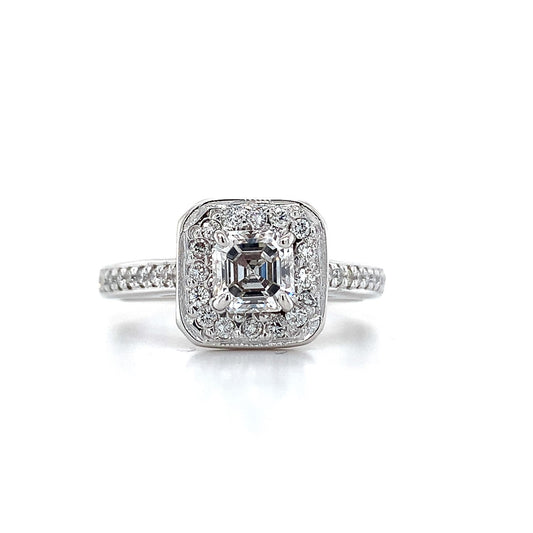 0.83ct Asscher Diamond Square Halo Statement Ring — GIA Certified, 14k White Gold
