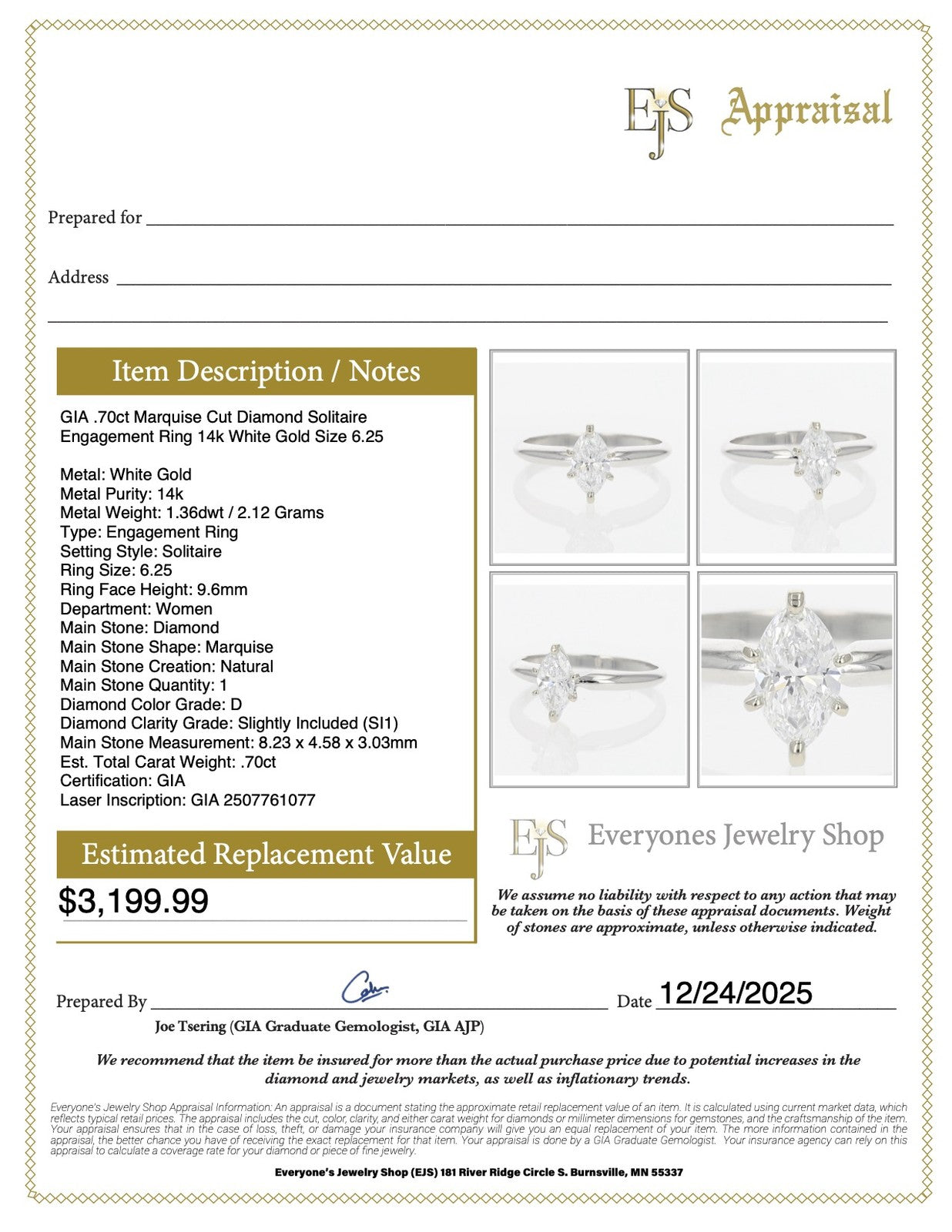 0.70ct Marquise Diamond Solitaire Engagement Ring — GIA Certified, 14k White Gold