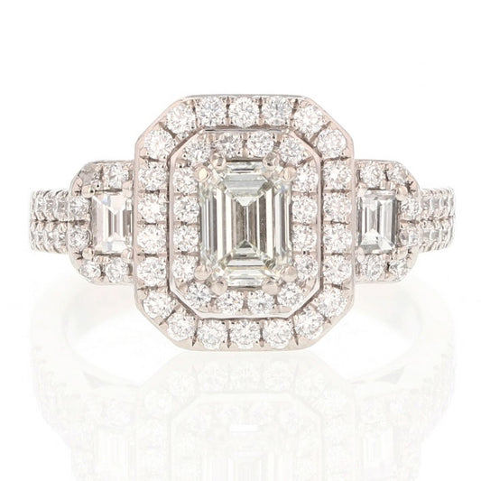 0.72ct Emerald Cut Diamond Three-Stone Halo Engagement Ring — GIA Certified, Platinum