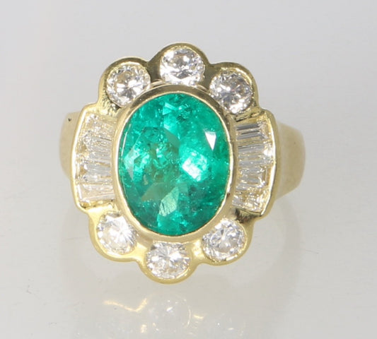 3ct Oval Emerald Diamond Baguette Cocktail Ring — GIA Certified, 18k Yellow Gold