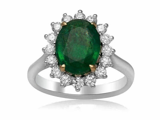 3.49ct Oval Diamond & Emerald Halo Ring — GIA Certified, 18k Two-Tone Gold