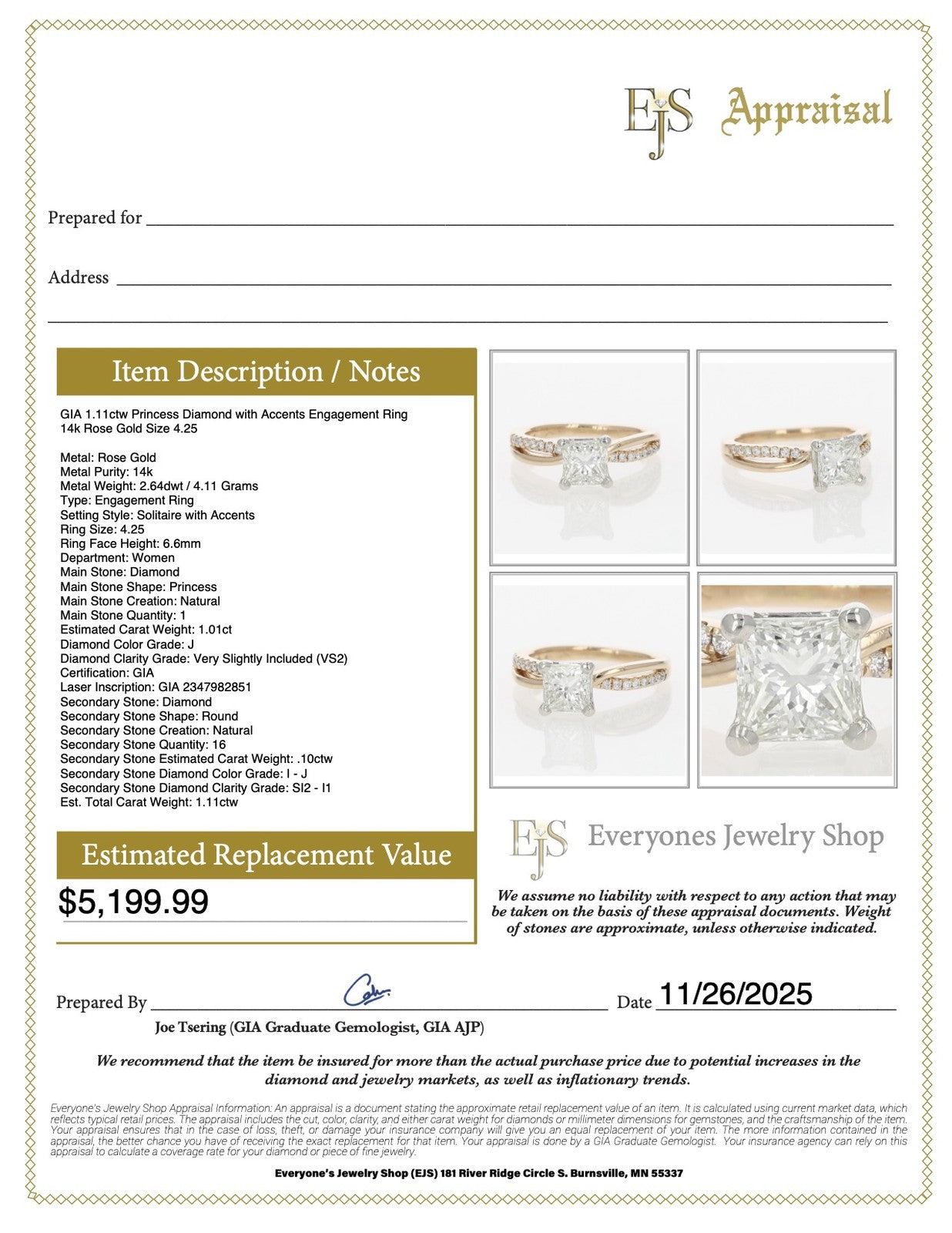 1.11ct Princess Diamond Solitaire with Accents Ring — GIA Certified, 14k Rose Gold
