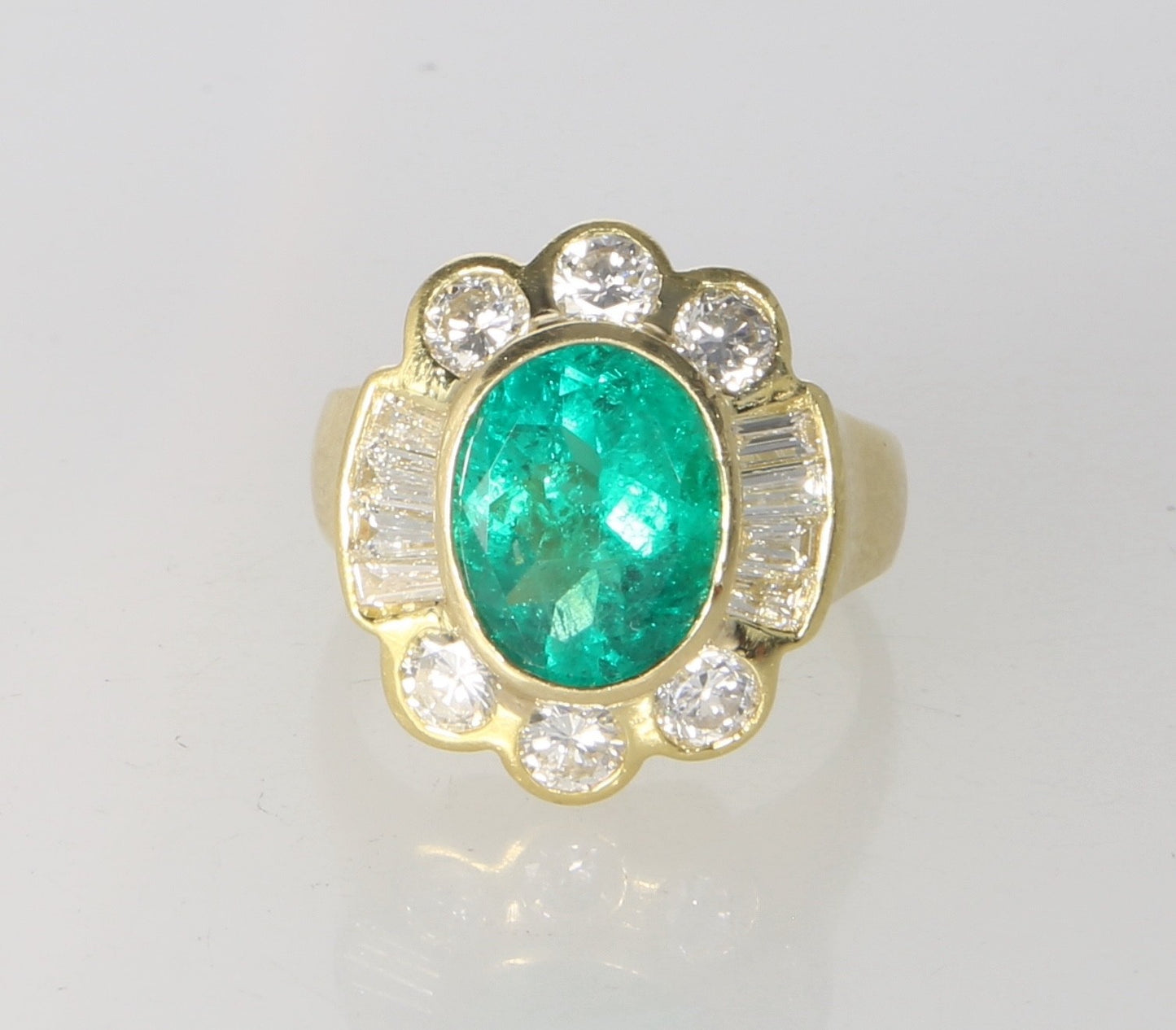 3ct Oval Emerald Diamond Baguette Cocktail Ring — GIA Certified, 18k Yellow Gold