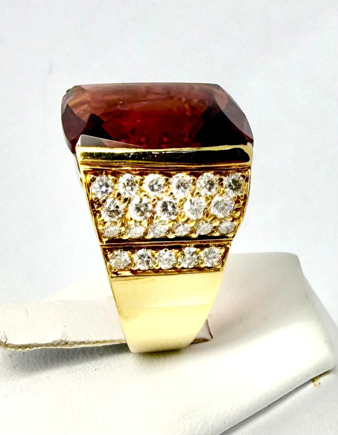 20ct Cushion Rubelite Tourmaline & Diamond Ring — GIA Certified, 18k Yellow Gold