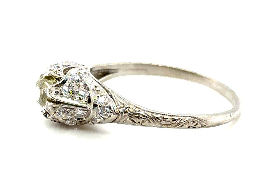 0.57ct Cushion Modified Brilliant Fancy Greenish Yellow Diamond Art Deco Ring — GIA Certified, Platinum