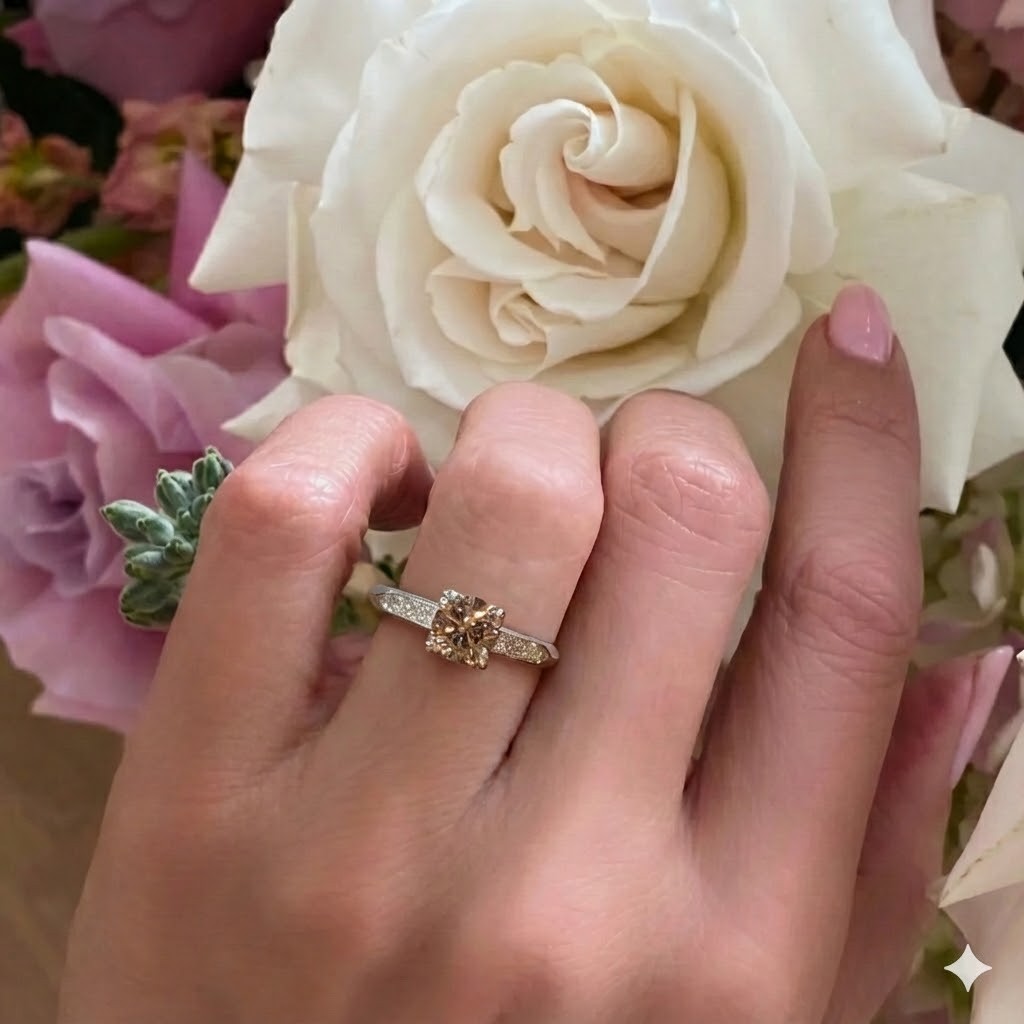 0.71ct Round Brilliant Champagne Diamond Vintage Ring — GIA Certified, Platinum