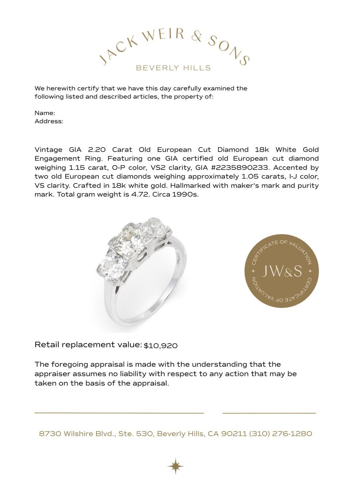 1.15ct Old European Cut Diamond Art Deco Ring — GIA Certified, Platinum