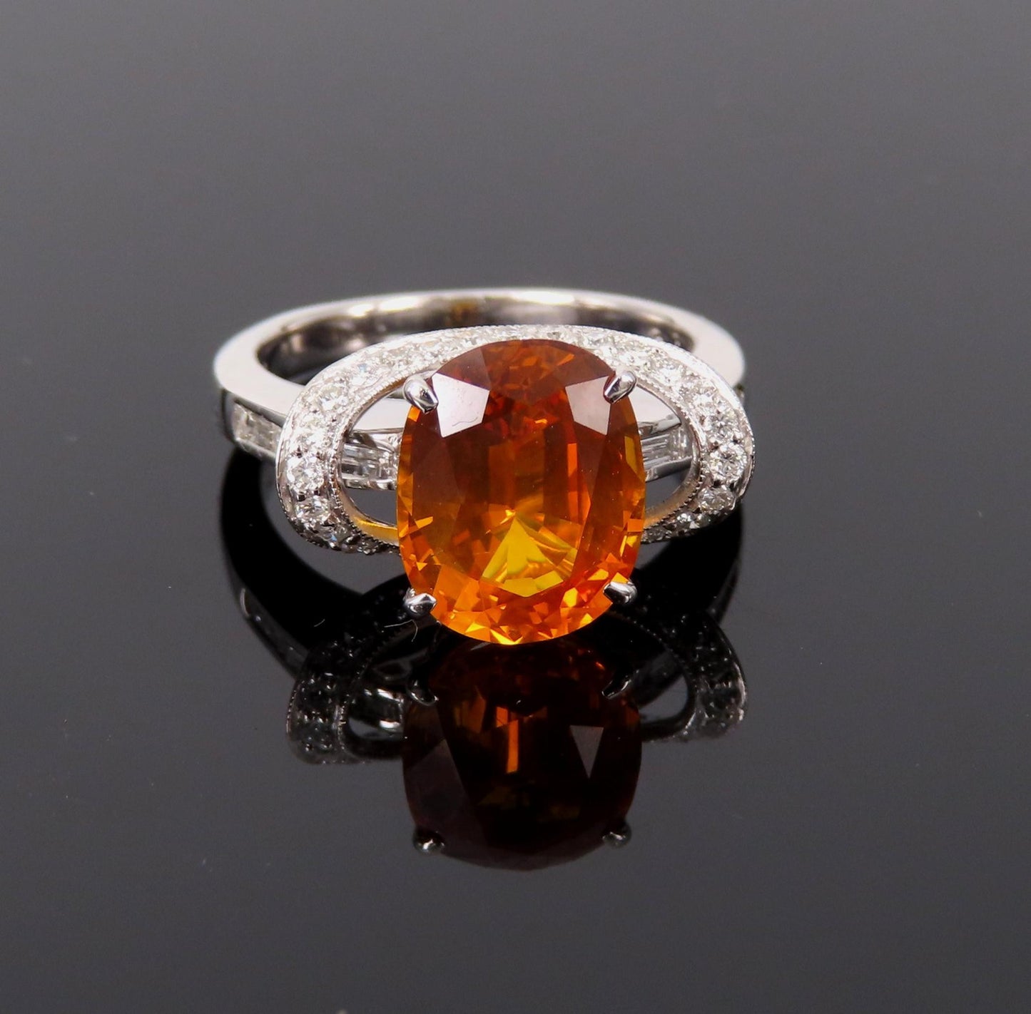 4.49ct Cushion Cut Vivid Orange Sapphire & 0.51ct Diamond Ring — GIA Certified, Platinum