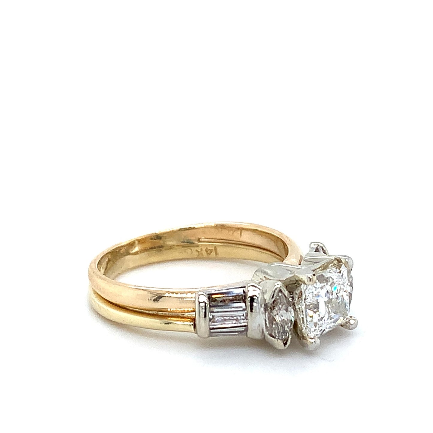 0.97ct Square Modified Brilliant Diamond Three-Stone Ring — GIA Certified, 14k Yellow Gold