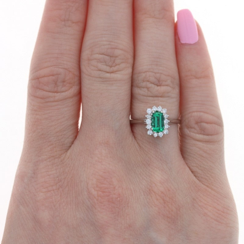 0.63ct Octagonal Green Emerald Halo Ring — GIA Certified, 18k White Gold