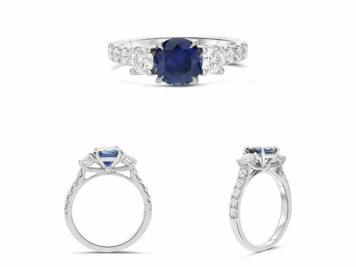 2.47ct Diamond & Sapphire Three-Stone Ring — GIA Certified, 14k White Gold