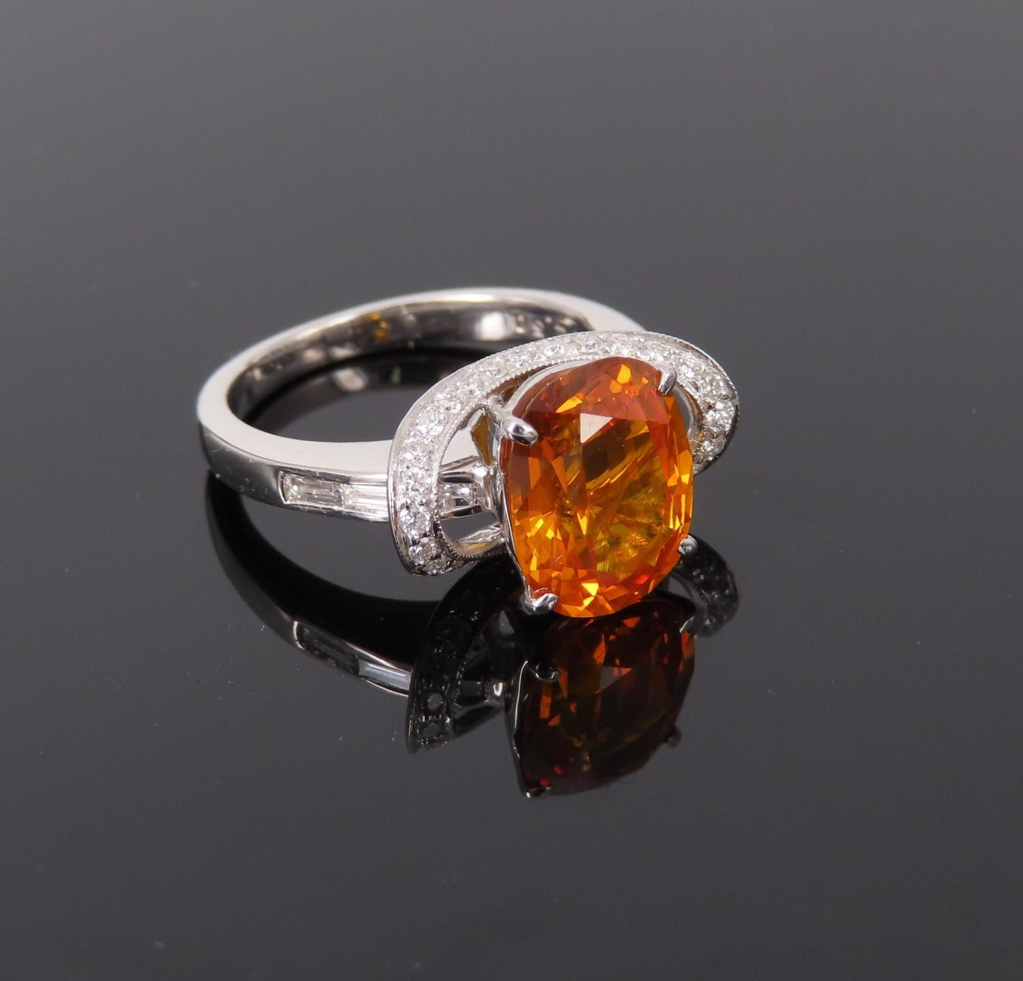 4.49ct Cushion Cut Vivid Orange Sapphire & 0.51ct Diamond Ring — GIA Certified, Platinum