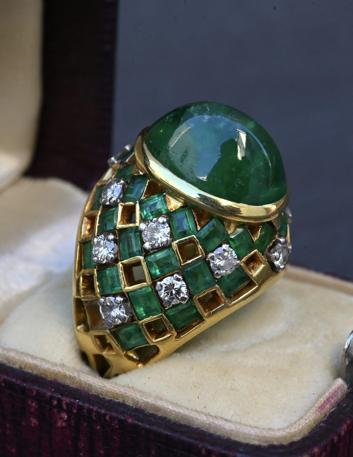 7.12ct Oval Emerald Cabochon Diamond Ring — GIA Certified, 18K Yellow Gold