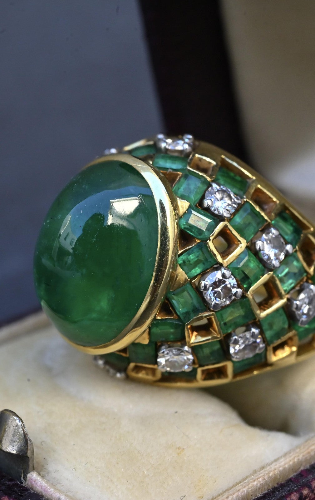 7.12ct Oval Emerald Cabochon Diamond Ring — GIA Certified, 18K Yellow Gold