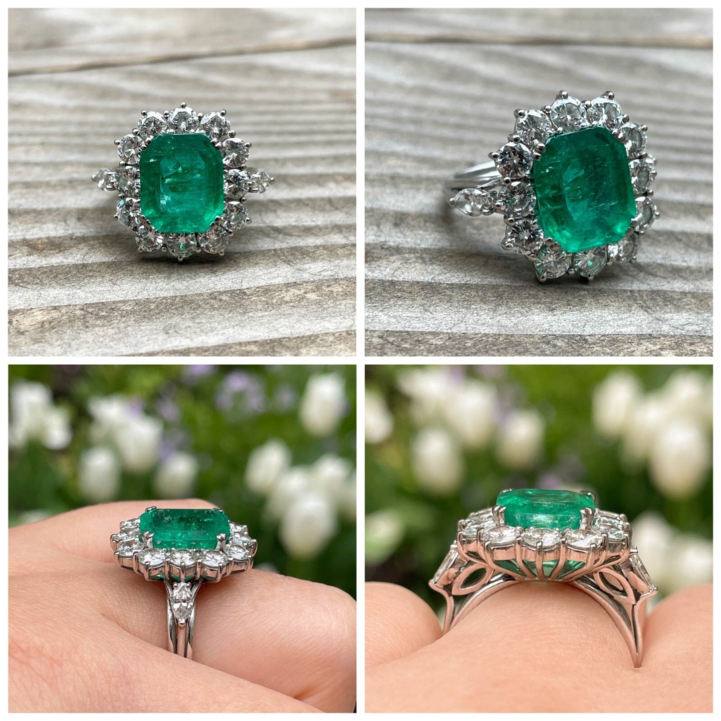 3.65ct Colombian Green Emerald Diamond Cluster Ring — GIA Certified, 18k White Gold
