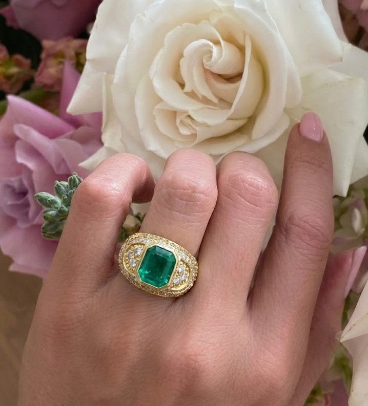 5.38ct Octagonal Step Cut Emerald Diamond Ring — GIA Certified, 18k Yellow Gold