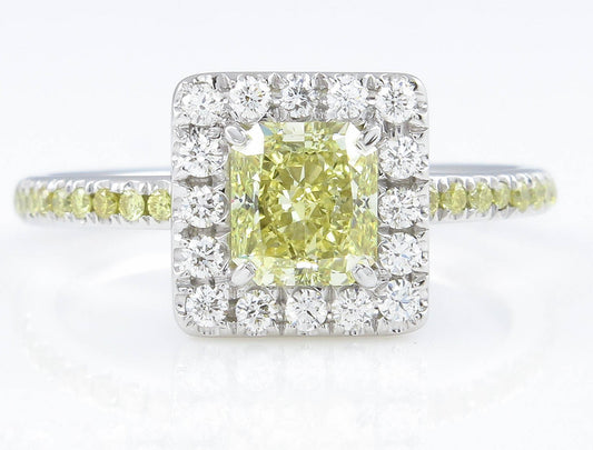 1.55ct Fancy Yellow Radiant Diamond Halo Engagement Ring — GIA Certified, Platinum
